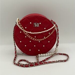 Red Quilted Badgley Mishka Pearl-Accent Round Crossbody Bag